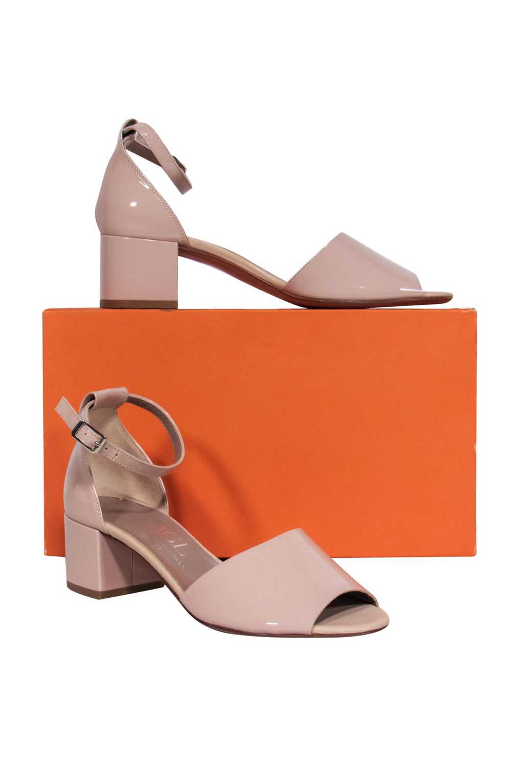 AGL Nude Patent Leather Biscuit Ankle Strap Block Gem