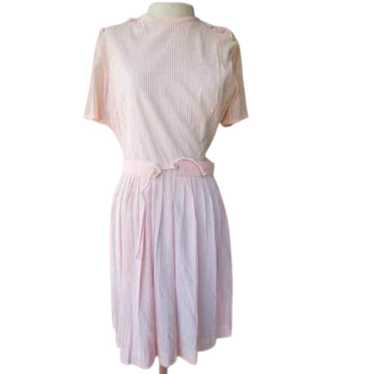 Vintage 70s Pink Belted Pin Stripe Midi Dress Siz… - image 1