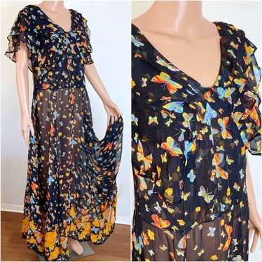 Vintage 90s Does 30s Womens Black Yellow Maxi Dres