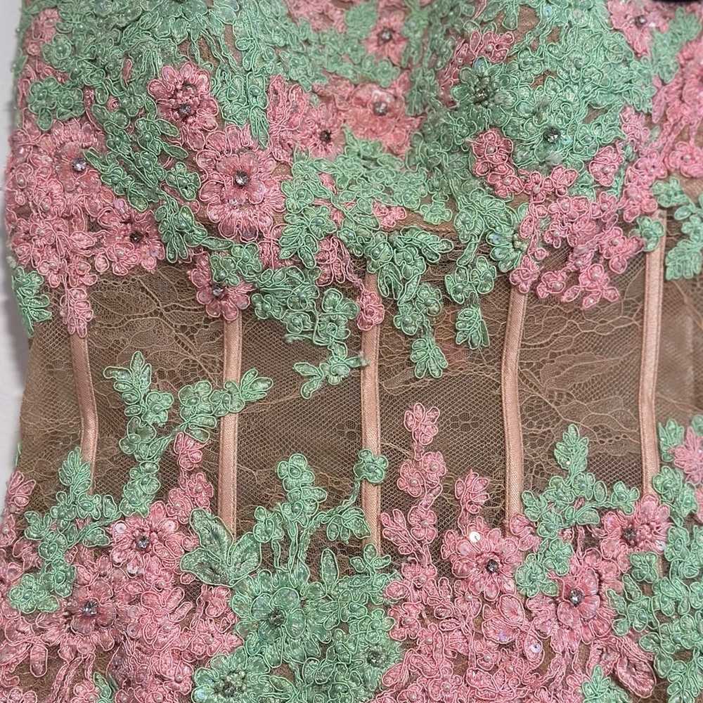 Sherri Hill Strapless Green Pink Floral Corset Mi… - image 3