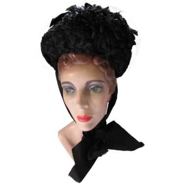 Victorian Era Black Bonnet Hat Mourning Style Str… - image 1