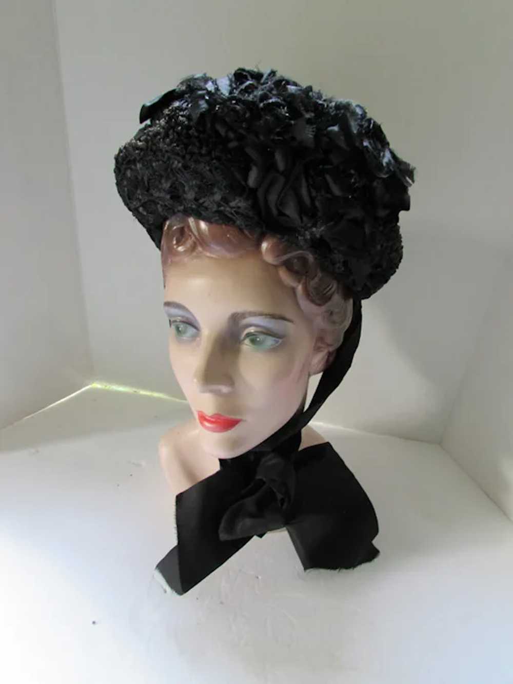 Victorian Era Black Bonnet Hat Mourning Style Str… - image 2