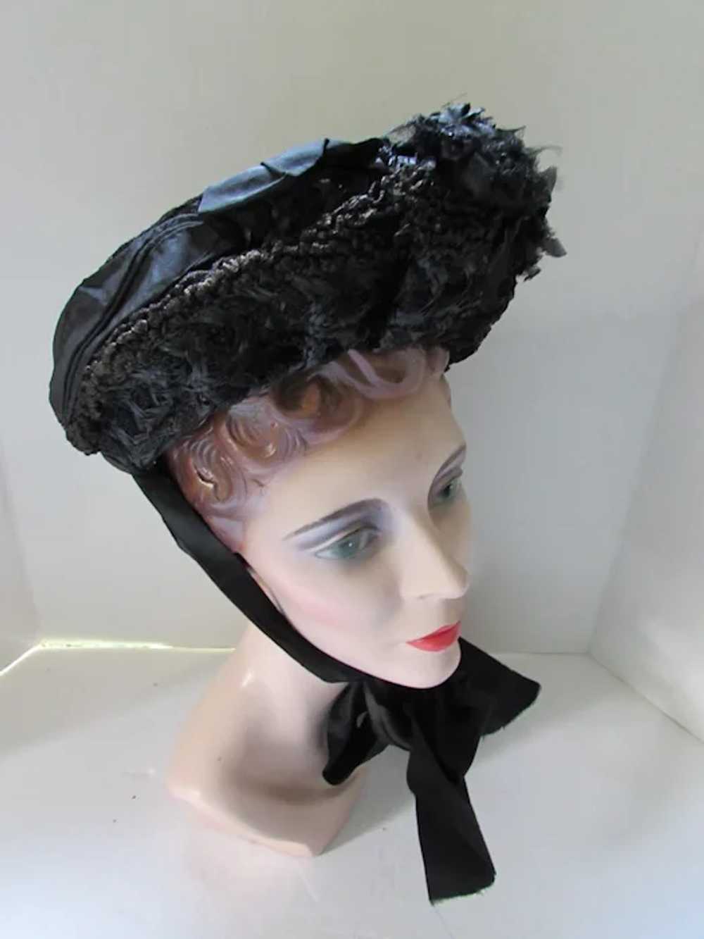 Victorian Era Black Bonnet Hat Mourning Style Str… - image 3