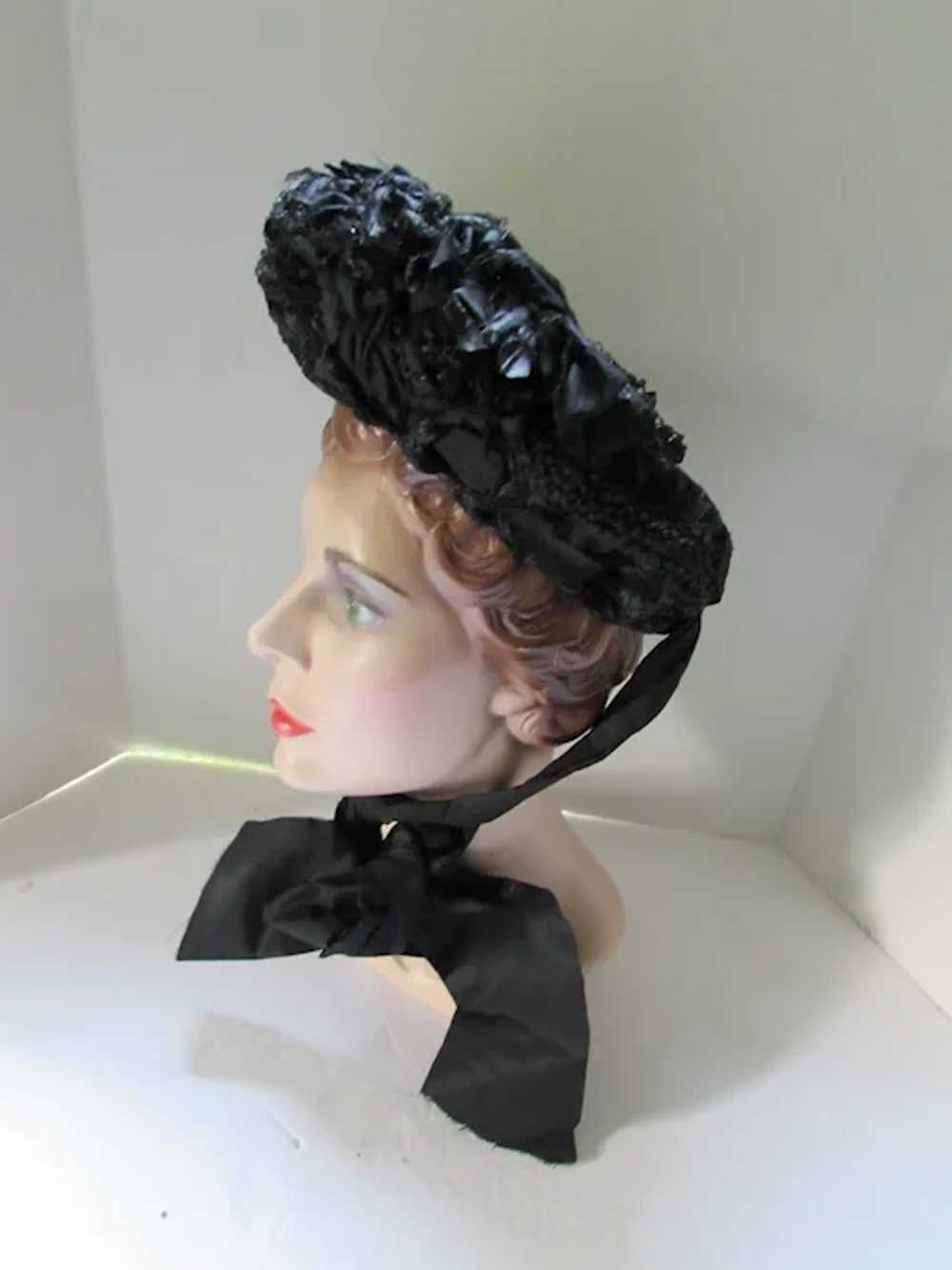 Victorian Era Black Bonnet Hat Mourning Style Str… - image 4