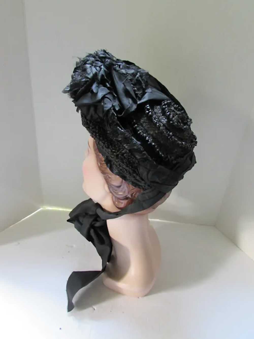 Victorian Era Black Bonnet Hat Mourning Style Str… - image 5