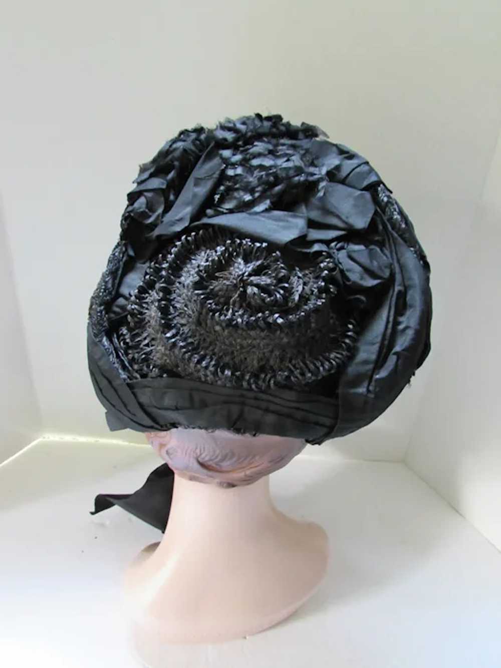 Victorian Era Black Bonnet Hat Mourning Style Str… - image 6