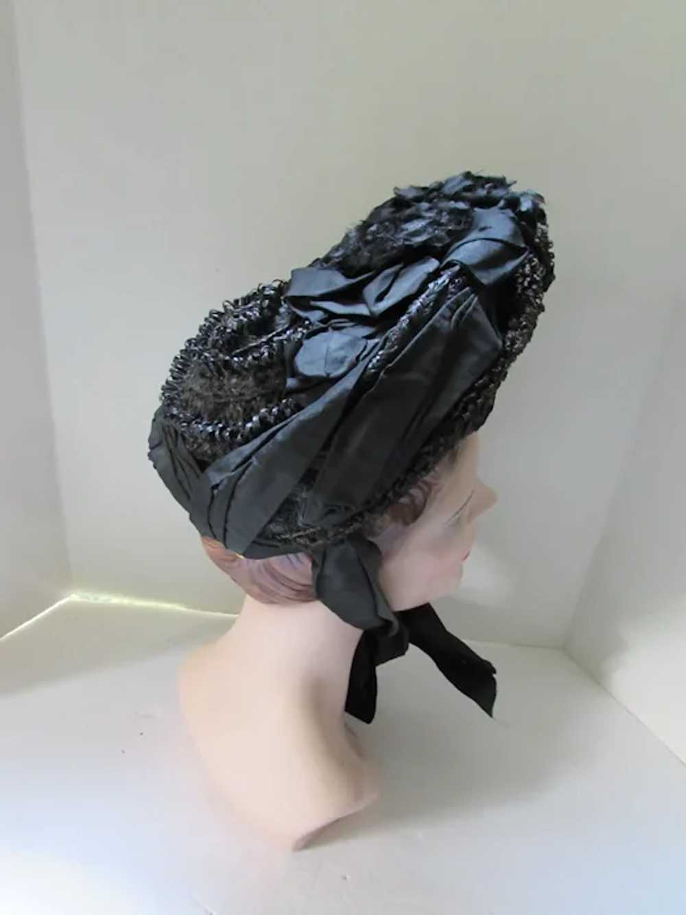 Victorian Era Black Bonnet Hat Mourning Style Str… - image 7