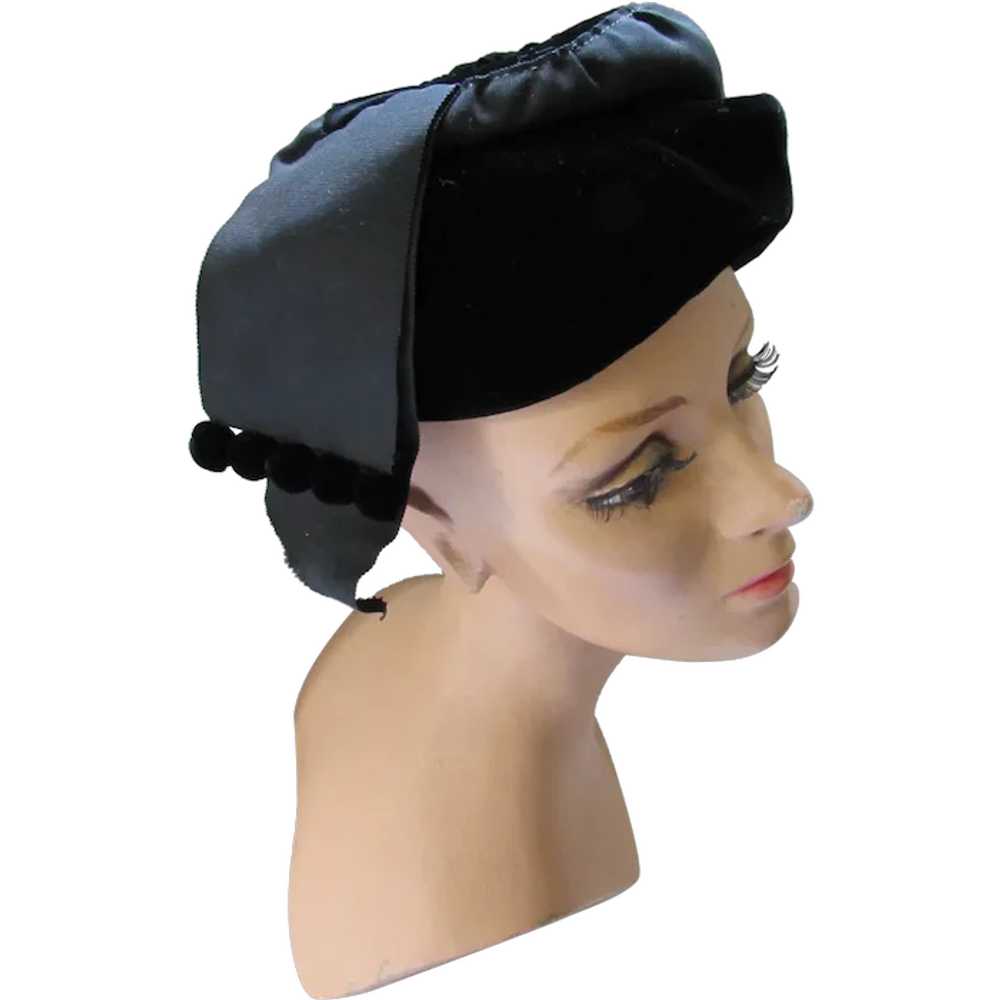 Mid-Century Black Velvet & Ribbon Toque Hat Cheni… - image 1