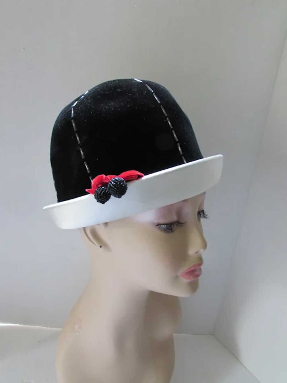 Fabulous Bucket Style Hat Black Velvet White Sati… - image 2
