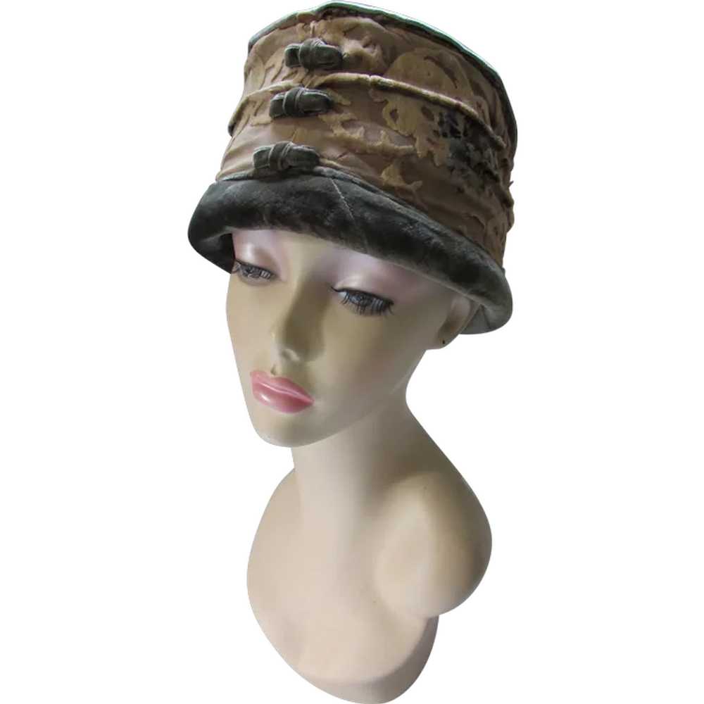 Fabulous 1920 Era High Crown Hat Sage Green Brown… - image 1