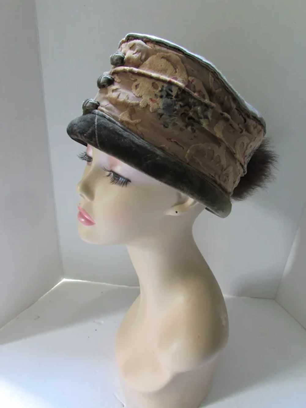 Fabulous 1920 Era High Crown Hat Sage Green Brown… - image 2