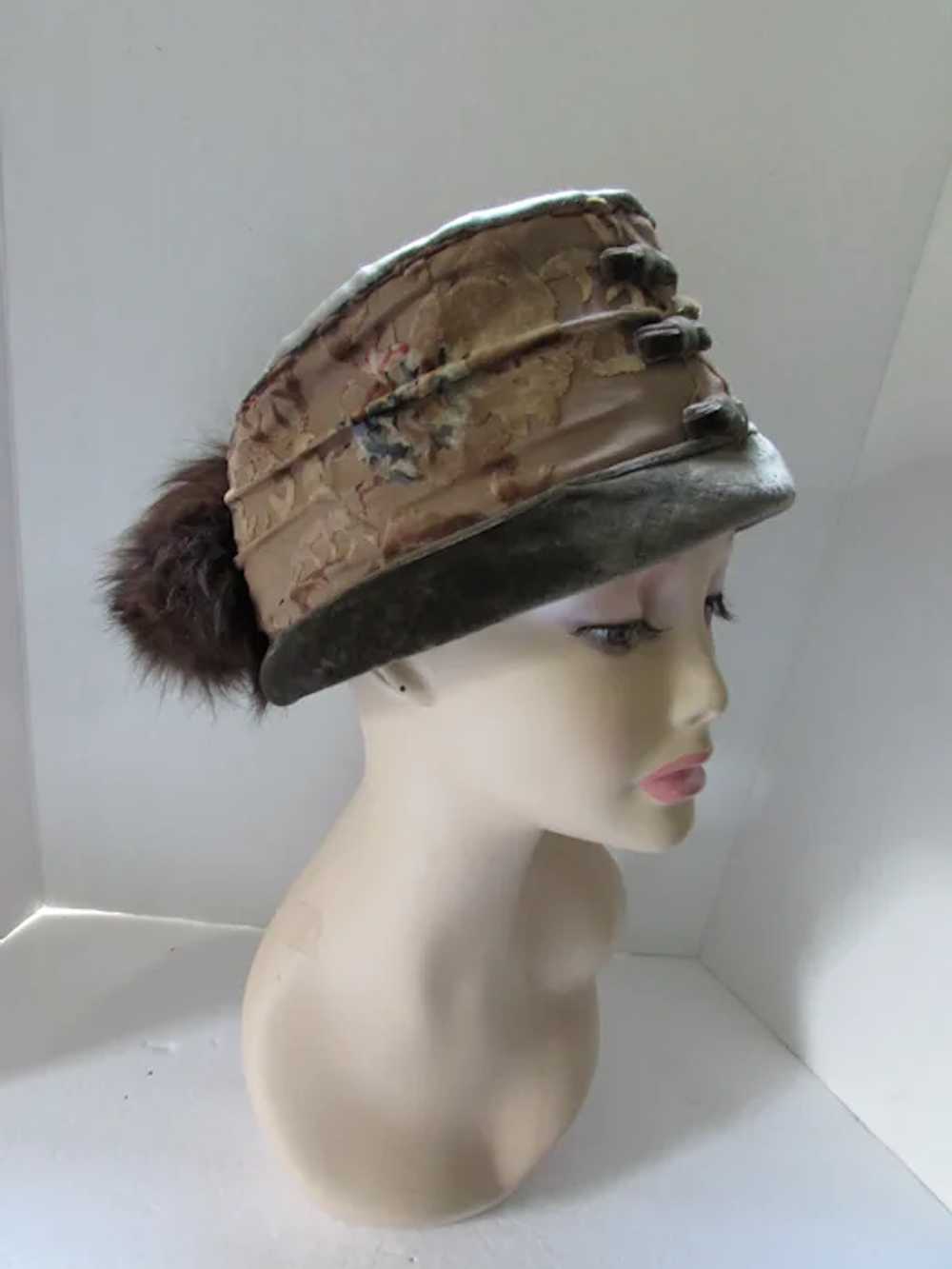 Fabulous 1920 Era High Crown Hat Sage Green Brown… - image 3