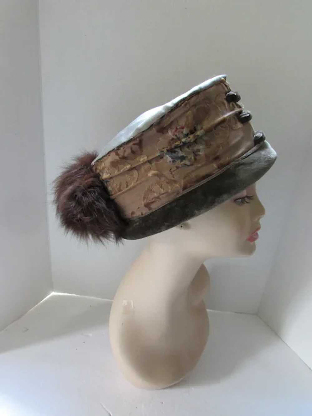 Fabulous 1920 Era High Crown Hat Sage Green Brown… - image 4