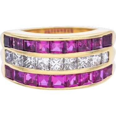 Estate 18K Yellow Gold Princess Cut Ruby & 0.90TC… - image 1