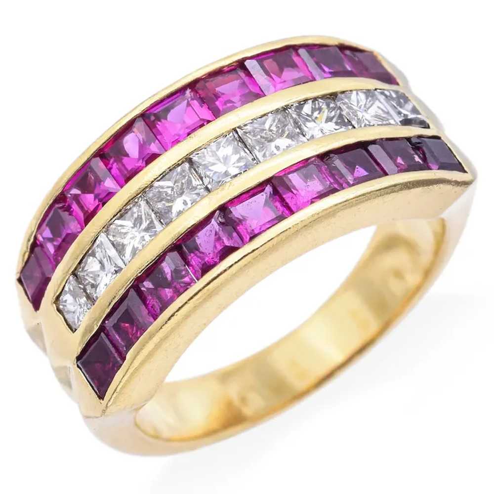 Estate 18K Yellow Gold Princess Cut Ruby & 0.90TC… - image 2