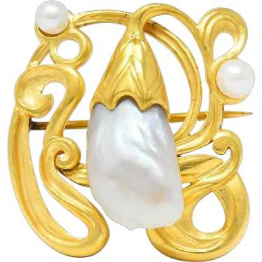 Art Nouveau Pearl 18 Karat Yellow Gold Swirling F… - image 1