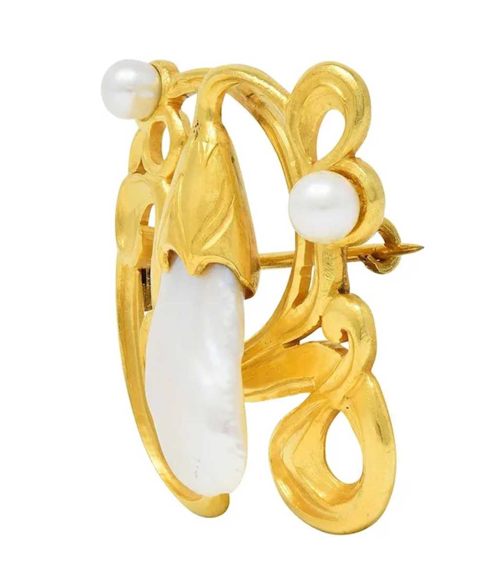 Art Nouveau Pearl 18 Karat Yellow Gold Swirling F… - image 3