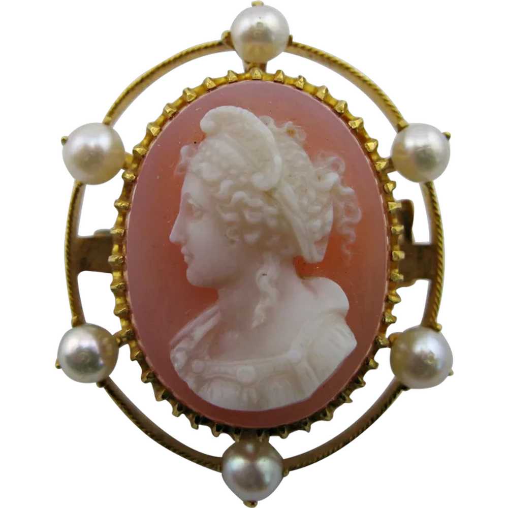 Carnelian Hardstone Cameo 18k Gold Brooch of Clas… - image 1