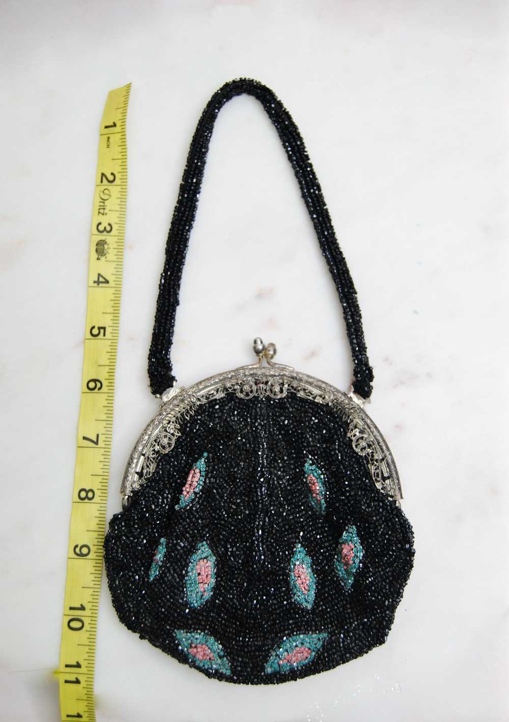 Antique Black Pink and Blue Glass Beaded Bag - image 10