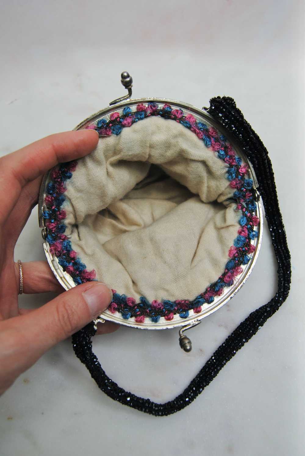 Antique Black Pink and Blue Glass Beaded Bag - image 11