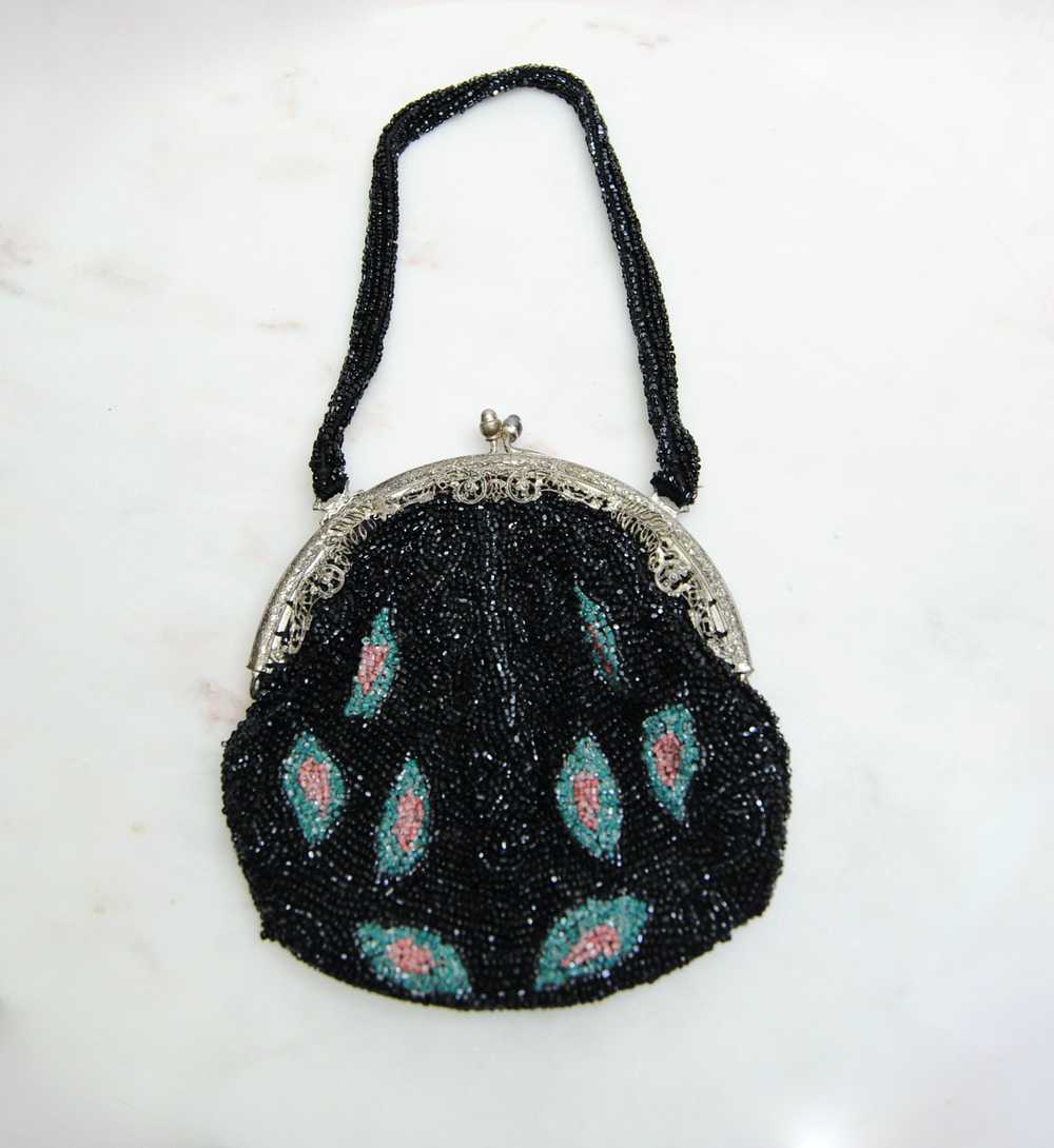 Antique Black Pink and Blue Glass Beaded Bag - image 1