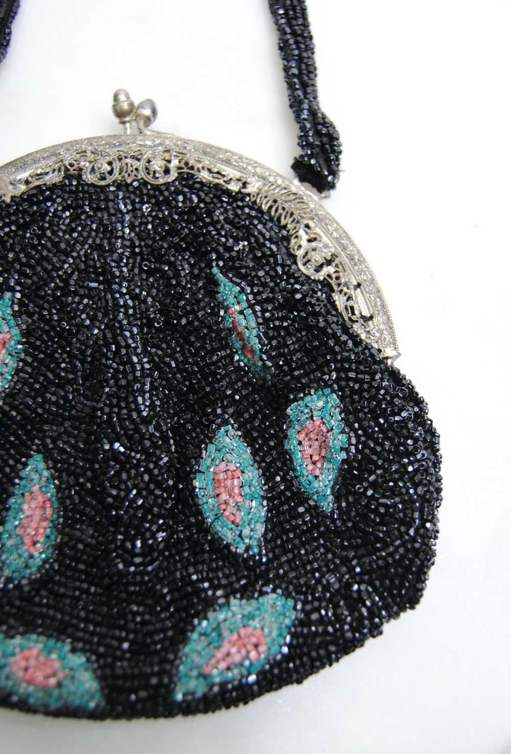 Antique Black Pink and Blue Glass Beaded Bag - image 2