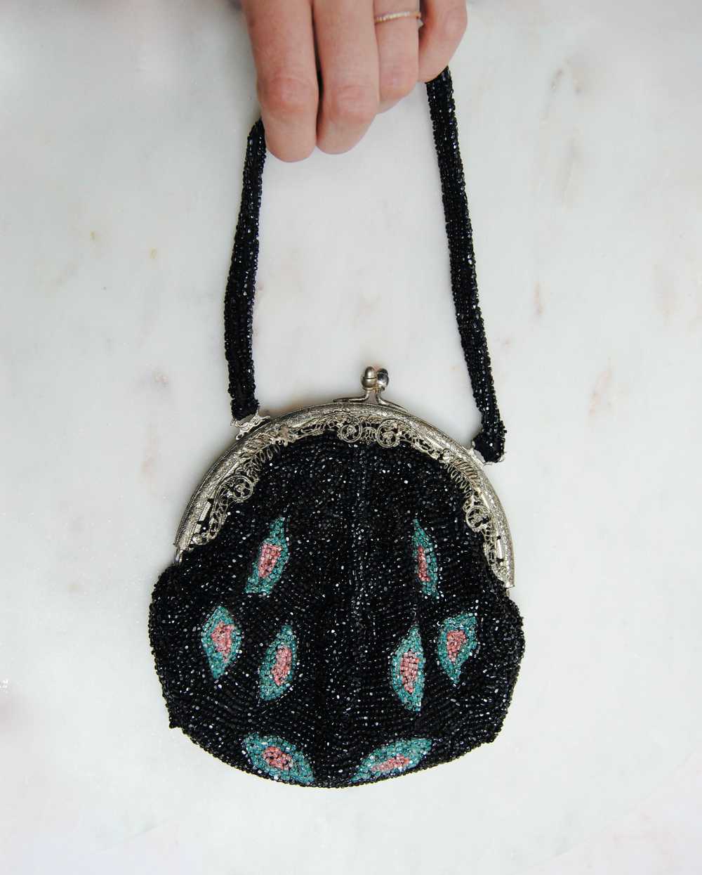 Antique Black Pink and Blue Glass Beaded Bag - image 3