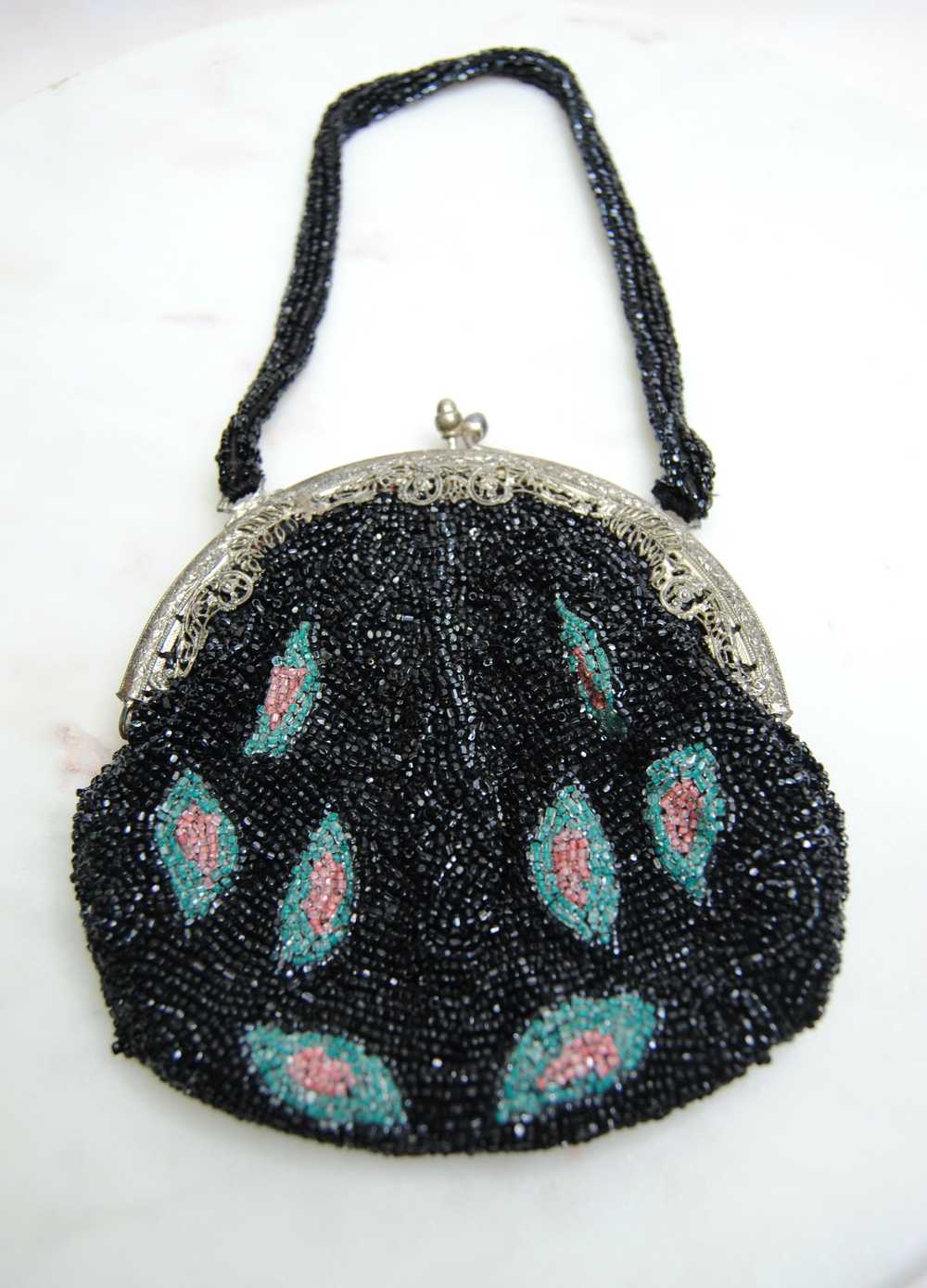 Antique Black Pink and Blue Glass Beaded Bag - image 4