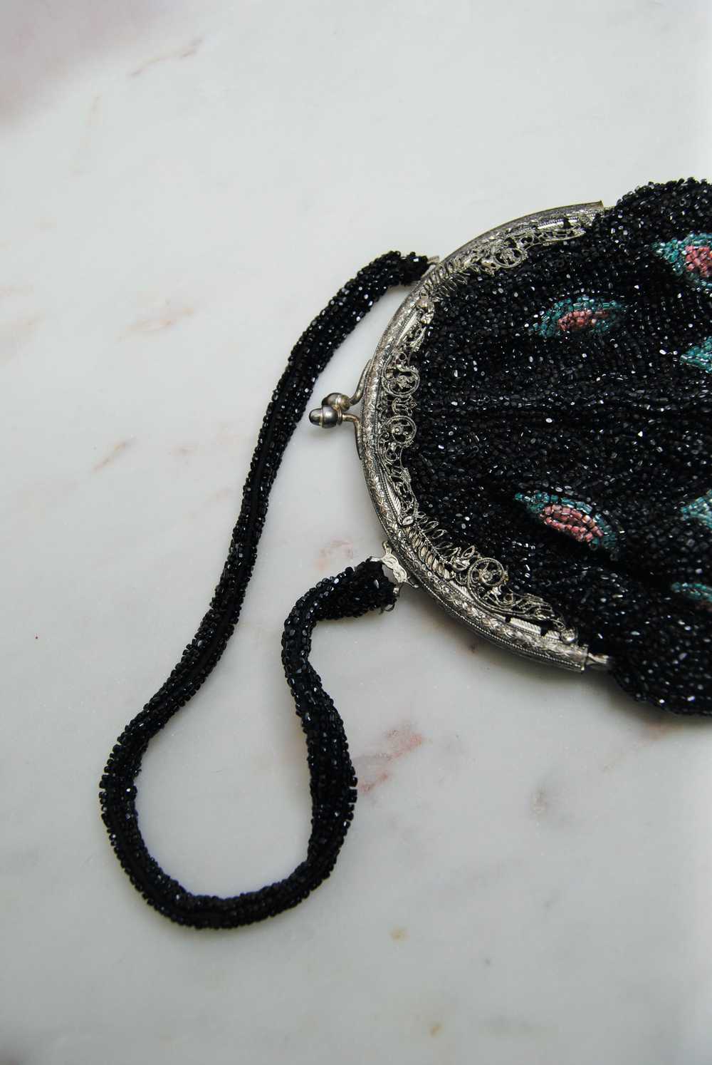 Antique Black Pink and Blue Glass Beaded Bag - image 5