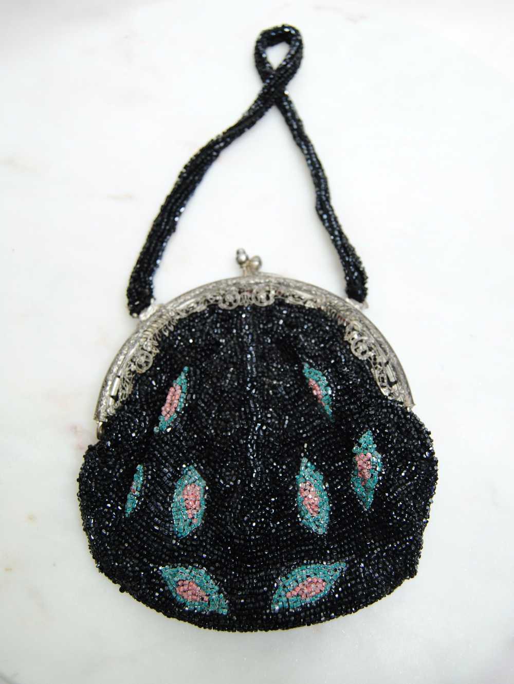 Antique Black Pink and Blue Glass Beaded Bag - image 9