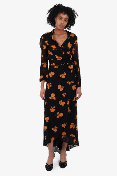 Ganni Black/Orange Floral Print Wrap Dress Size 36 - image 1