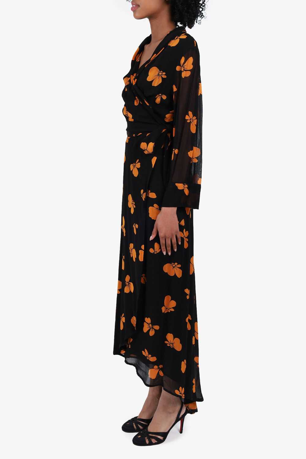 Ganni Black/Orange Floral Print Wrap Dress Size 36 - image 2