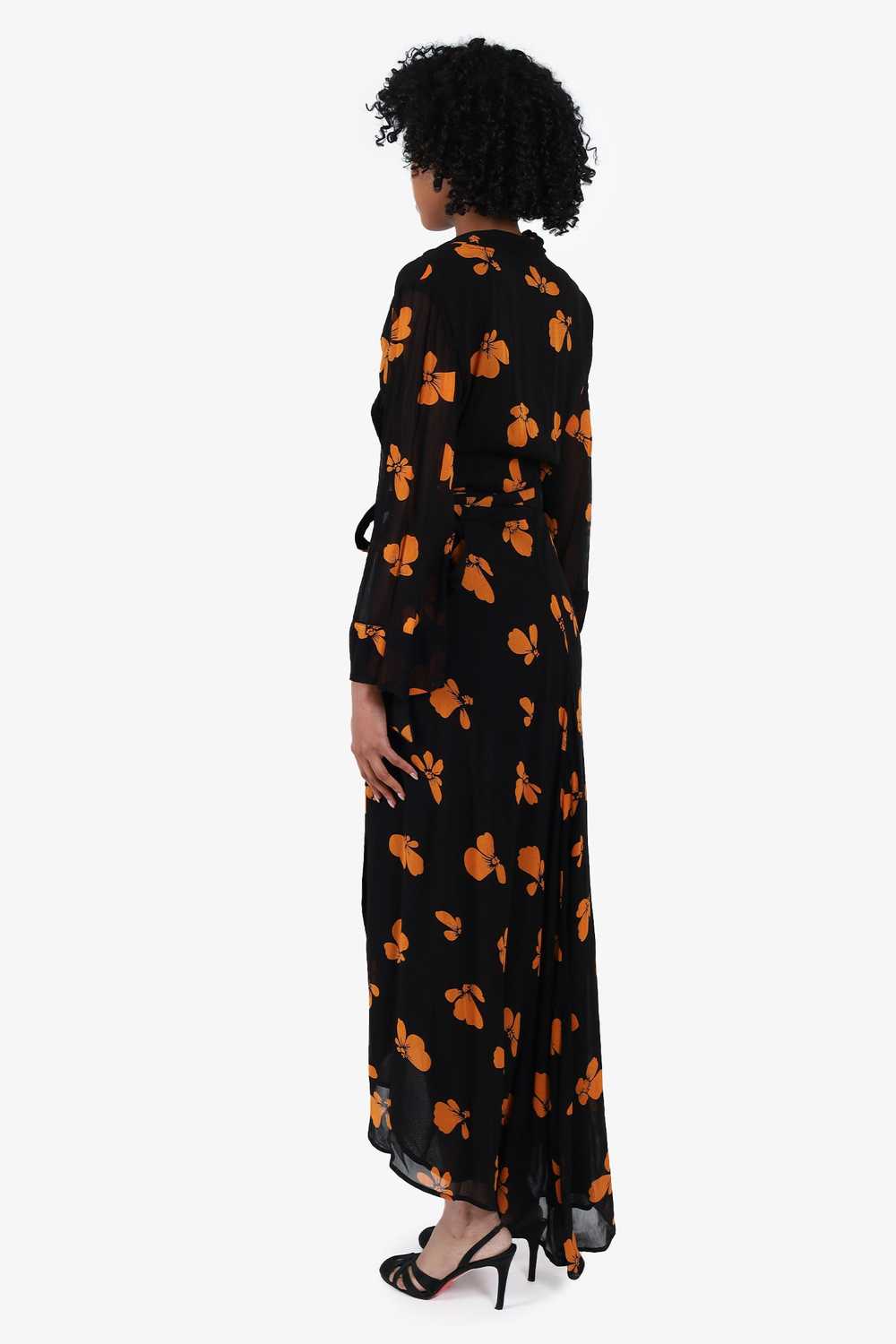 Ganni Black/Orange Floral Print Wrap Dress Size 36 - image 3