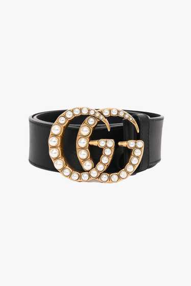 Gucci Black Leather 1.5" Pearl GG Buckle Belt Size