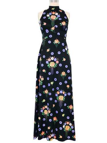 1970s Floral Printed High Neck Dress