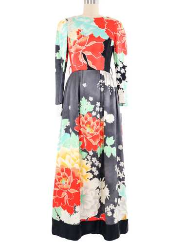 1970s Hanae Mori Handpainted Silk Evening Gown