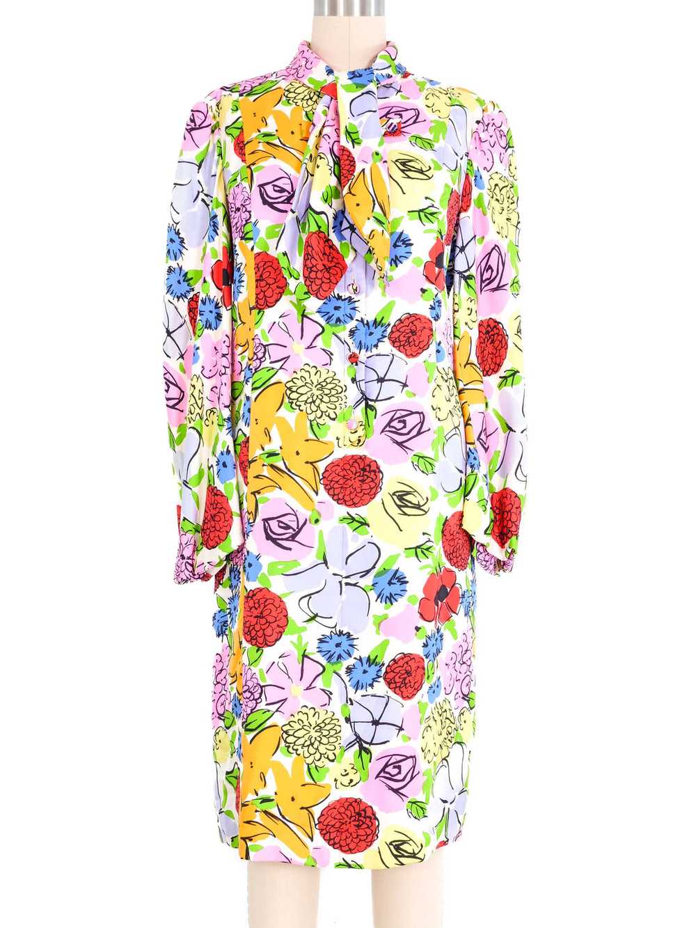 1970s Pauline Trigere Floral Silk Twill Dress - image 1