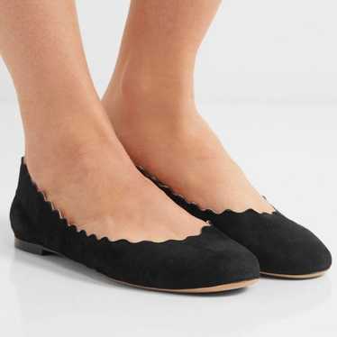 Chloe Lauren black suede scalloped flats