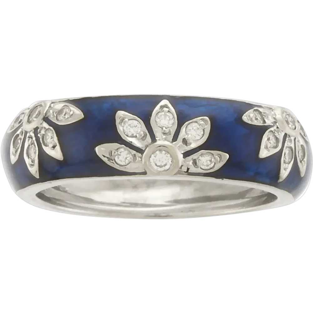 Darling Floral Diamond & Blue Enamel Ring in 18k … - image 1