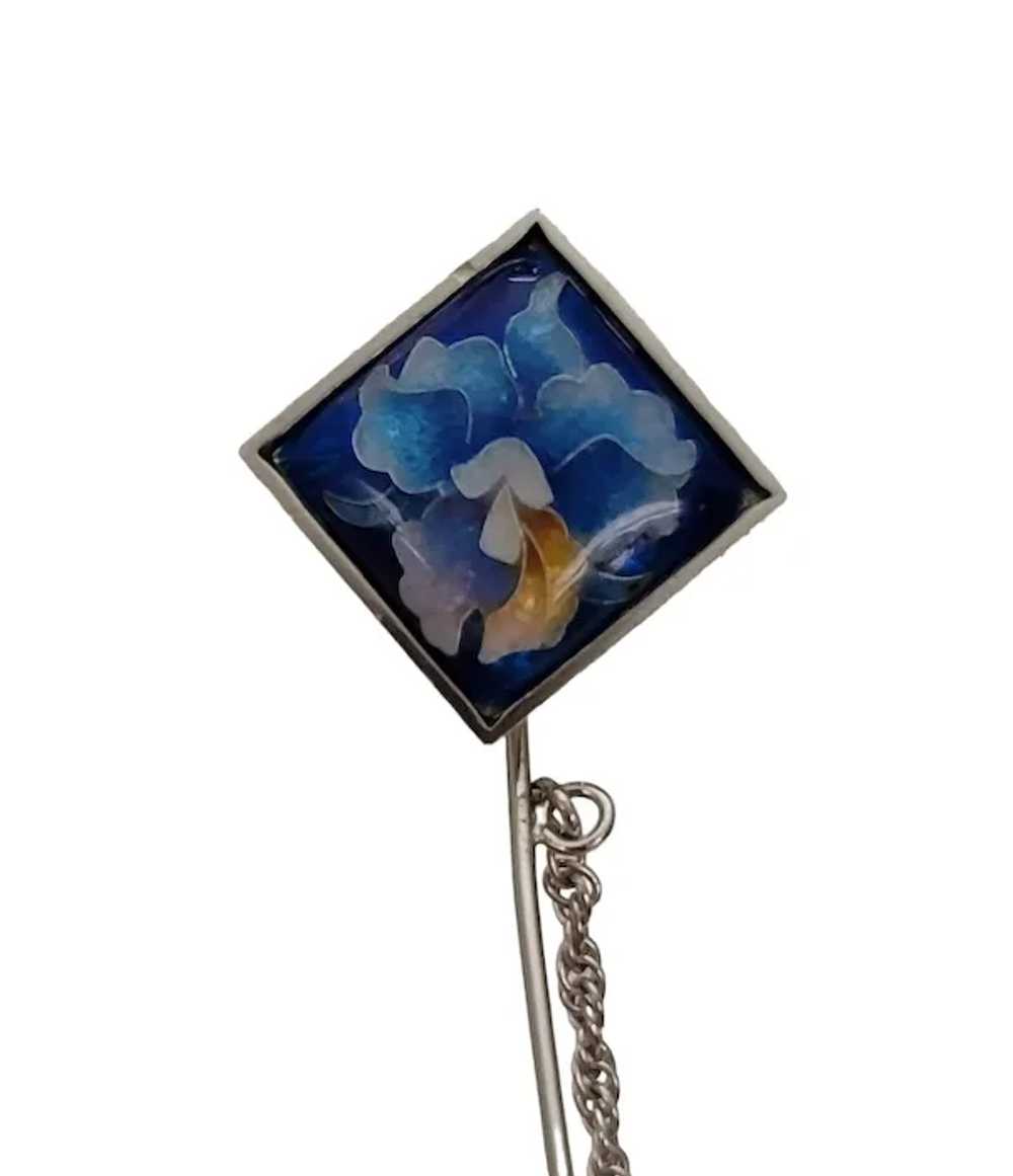 Silver Tone Blue Enamel Cloisonné Flower Square L… - image 4