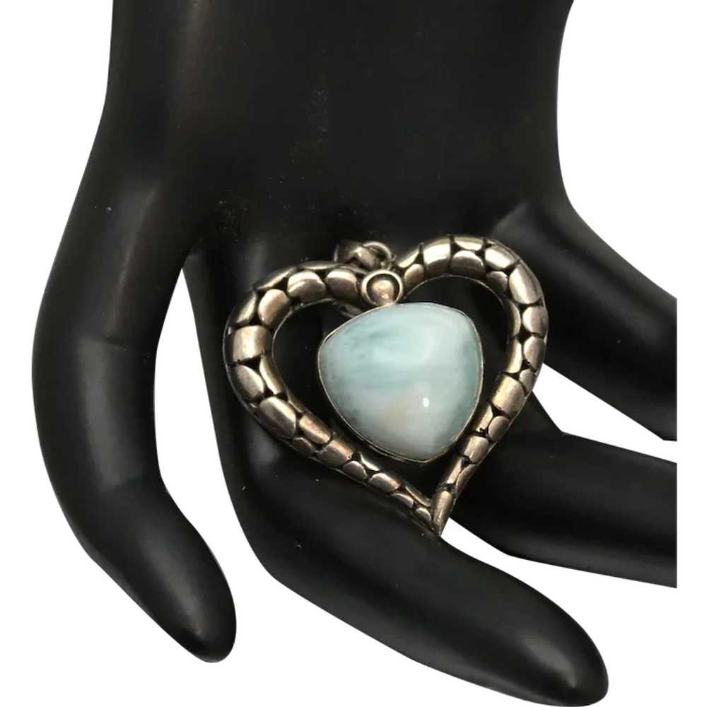 Vintage 925 Silver and Larimar Heart Pendant Open… - image 1