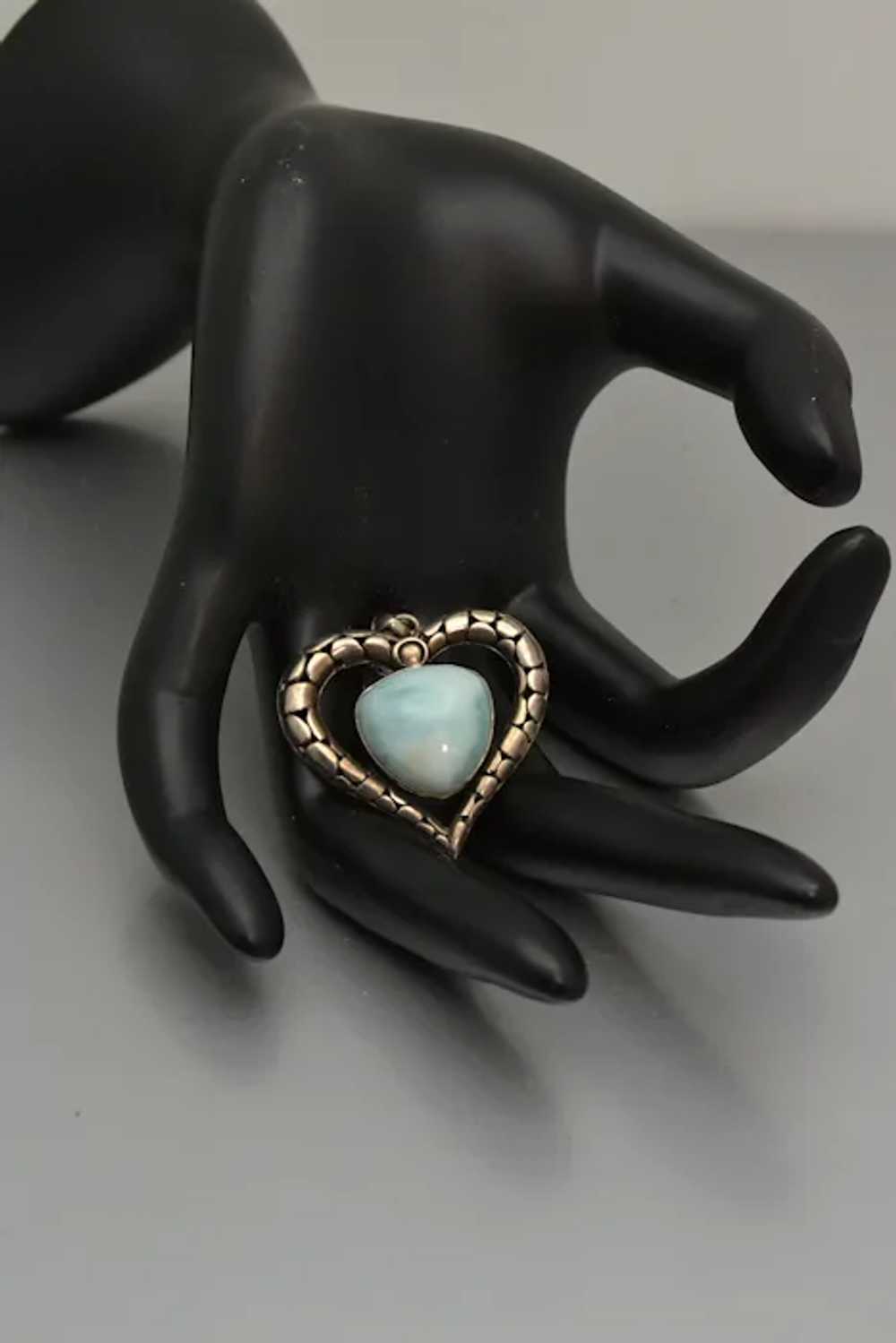 Vintage 925 Silver and Larimar Heart Pendant Open… - image 2