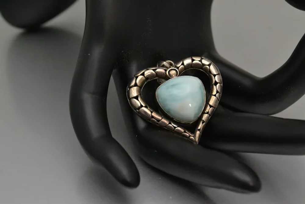 Vintage 925 Silver and Larimar Heart Pendant Open… - image 3