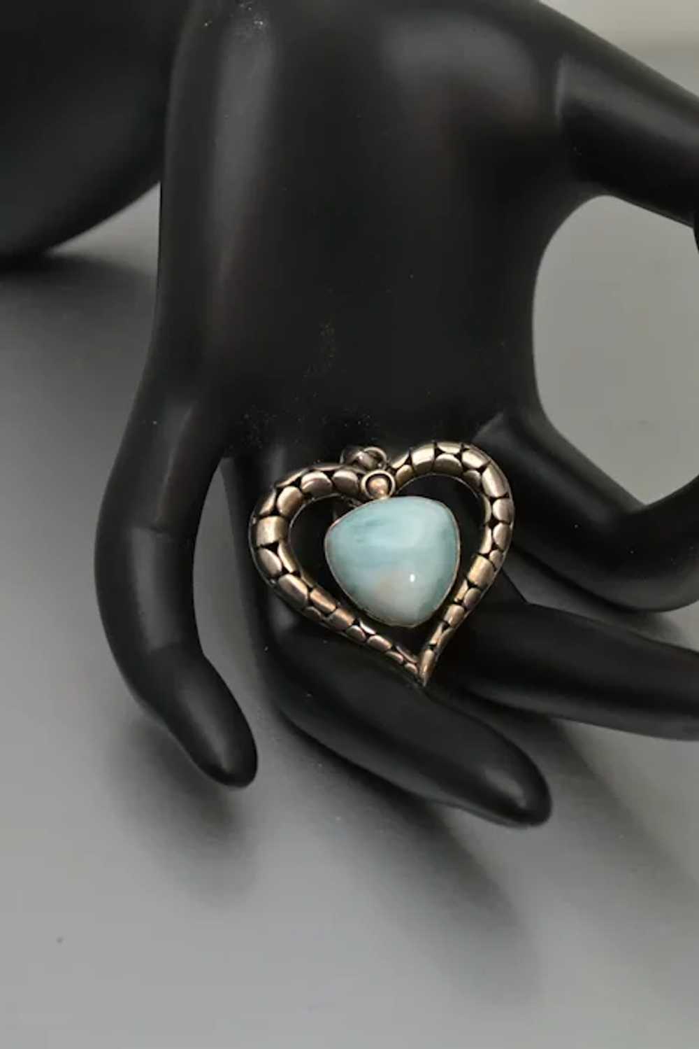 Vintage 925 Silver and Larimar Heart Pendant Open… - image 8