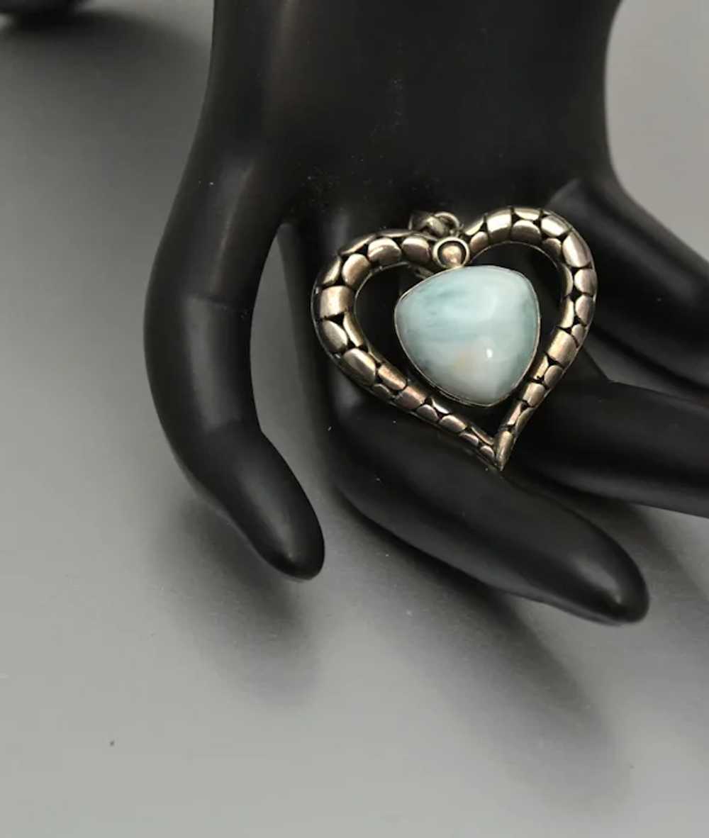 Vintage 925 Silver and Larimar Heart Pendant Open… - image 9