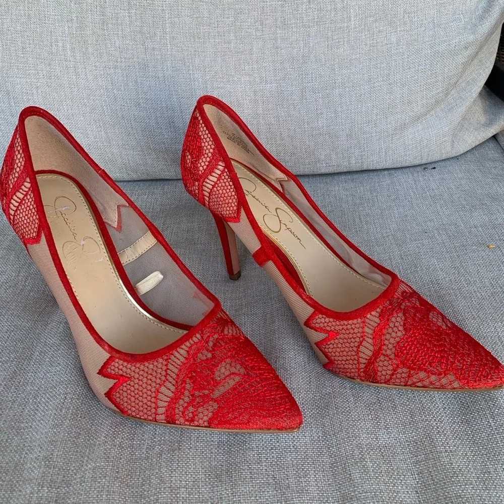 Jessica Simpson Red Pumps Embroidered Size 7 - image 1