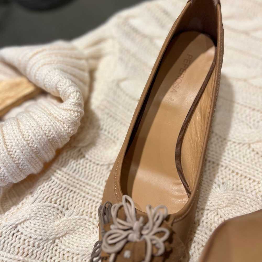 Suede tan Shoes with Flower Details Kitten Heels - image 3