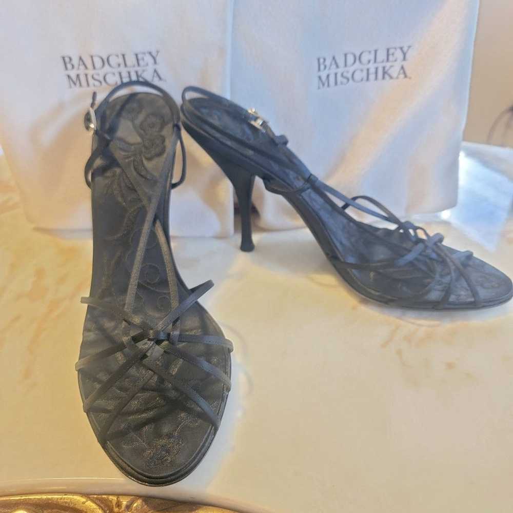 Badgley Mischka embroidery black satin lace heels… - image 1