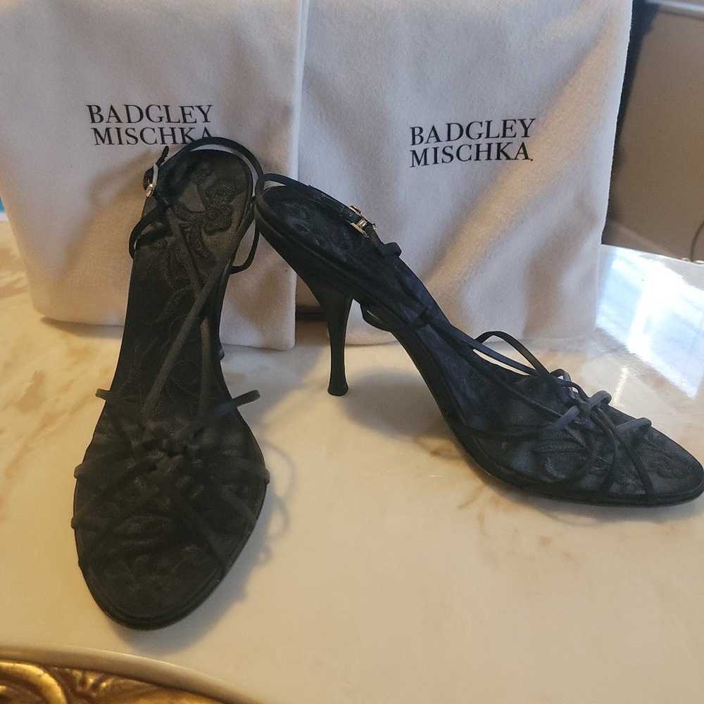 Badgley Mischka embroidery black satin lace heels… - image 2