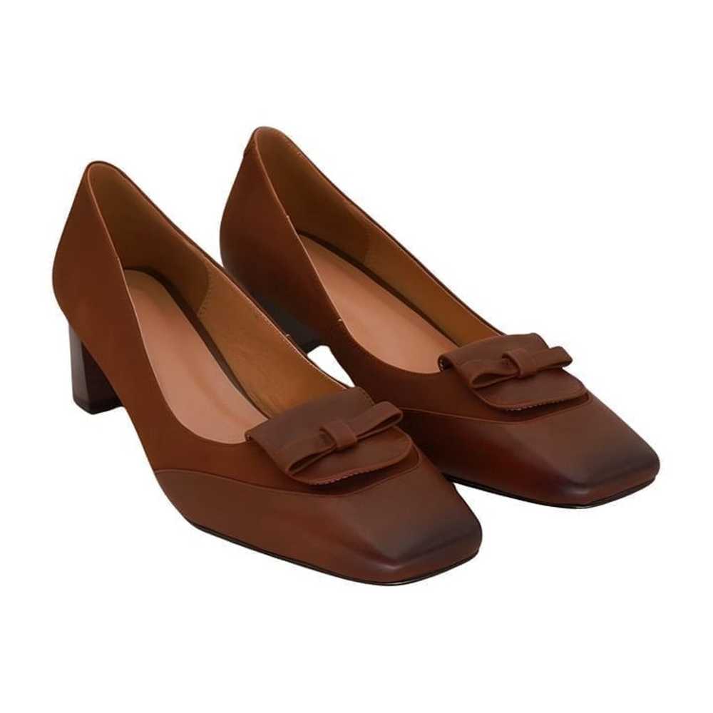 YOUTHJUNE Light Brown Bow-Accent Square-Toe Leath… - image 1